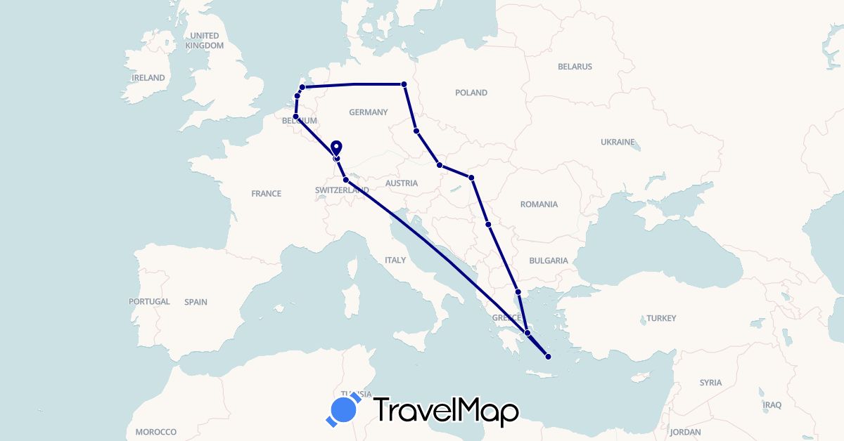 TravelMap itinerary: driving in Austria, Belgium, Switzerland, Czech Republic, Germany, France, Greece, Hungary, Netherlands, Serbia (Europe)